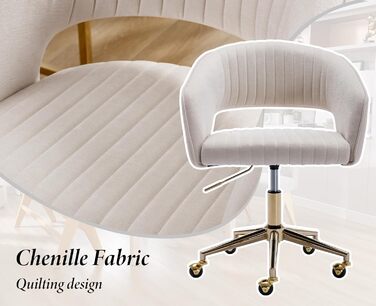 Офісний стілець з шенілу, ергономічне робоче крісло з підлокітниками, обертове крісло з колесами, туалетний стілець, регульована висота для домашнього офісу та офісу, бежевий