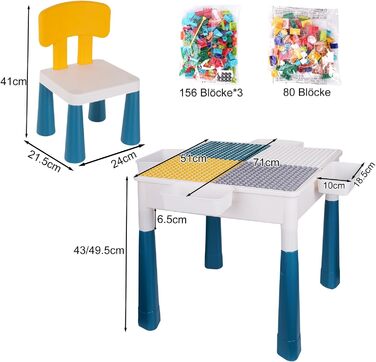 Дитячий стіл 7-в-1, комплект дитячого столу та стільця, стіл з будівельних блоків, багатофункціональний робочий стіл, розвивальна іграшка для розвитку дитини, двостороння стільниця (з 548 будівельними блоками)