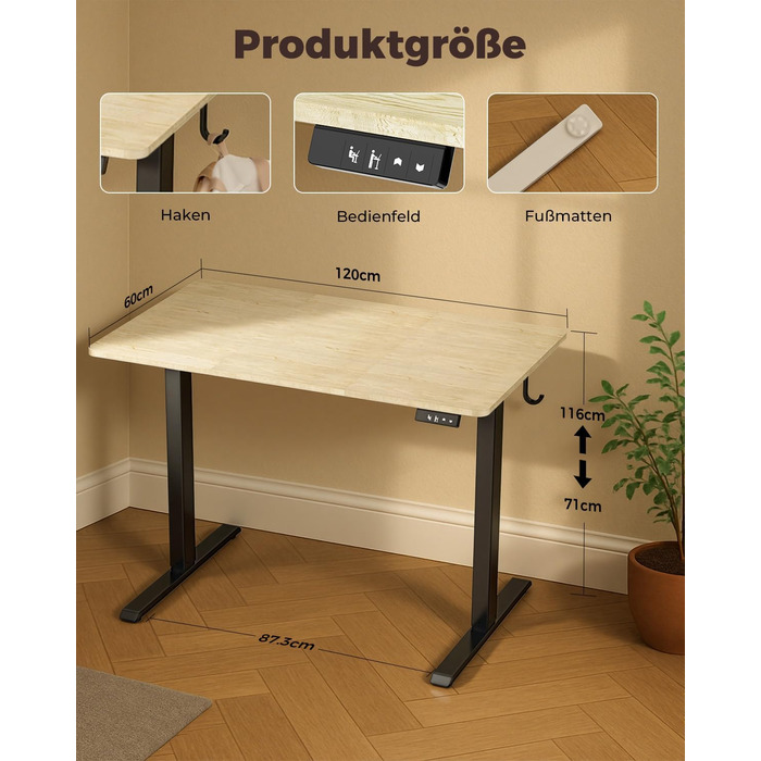 Стіл з регульованою висотою, 100 x 60 см, пам&39ять налаштувань висоти з 2 режимами, легке складання, для домашнього офісу, навчання та ігор, натуральне дерево