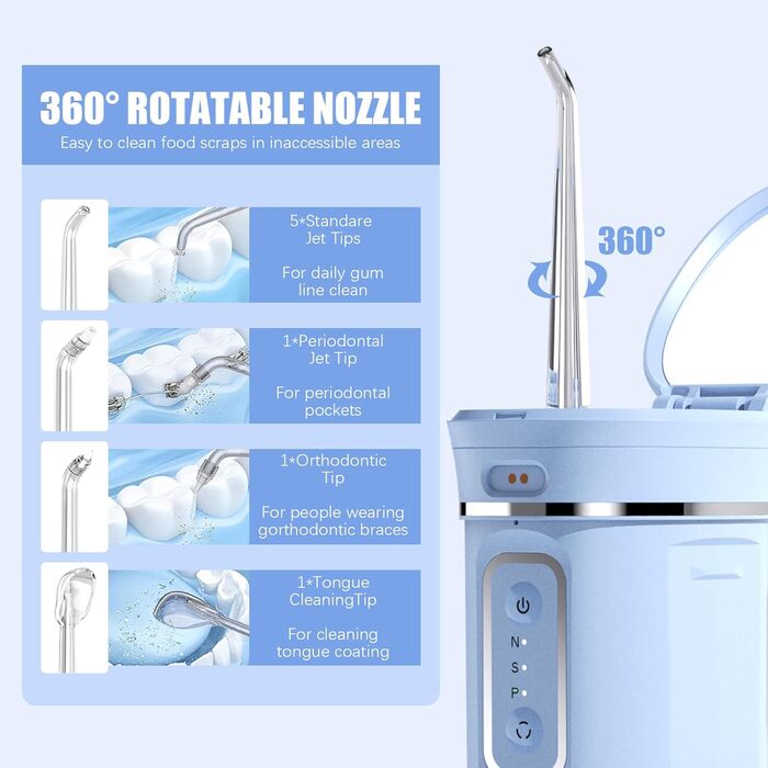 Бездротовий іригатор порожнини рота, портативний електричний очищувач зубів, 200 мл іригатори для порожнини рота Очищувач зубів електричний з 3 режимами та 8 насадками, водонепроникність IPX7, магнітна зарядка для подорожей та дому - синій