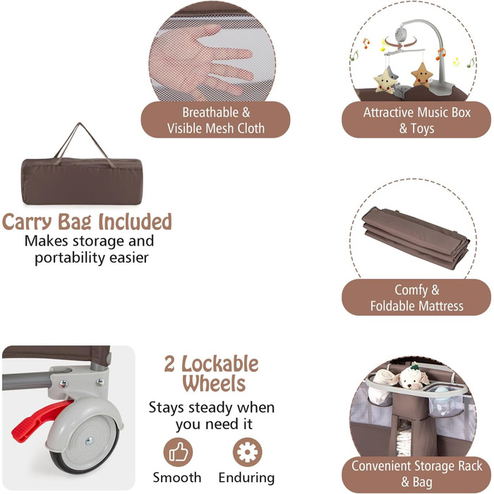 Складане дитяче ліжечко LIFEZEAL з пеленальний столик, дорожнє ліжечко з ігровою аркою та музичними дзвіночками, мобільне дитяче дорожнє ліжечко з сумкою для зберігання, для немовлят 0-36 місяців (коричневе)