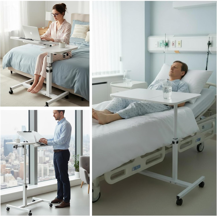 Мобільний столик для ліжка на колесах, регульована висота бічного столика 60-90 см та кут нахилу, столик для догляду за ліжком, столик для ноутбука, столик для дивана на колесах, столик для стояння зі звукоізоляцією (білий)