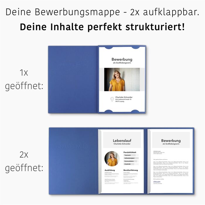 Трисекційних папок для аплікацій, синього кольору, з 2 затискними рейками з текстурою тонкої шкіри - високоякісне тиснення &quotAPPLICATION&quot - безпосередньо від виробника STRATAG, 10