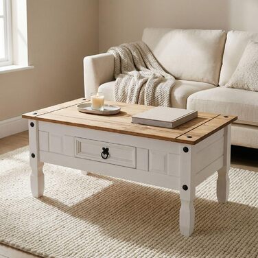 Журнальний столик CARO Furniture Campo в мексиканському стилі, стіл для вітальні/приставний столик, масив сосни, коричневий/білий лак, з 1 шухлядою