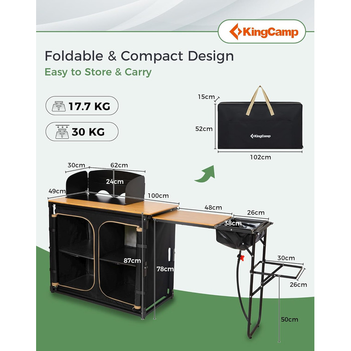 Складана кемпінгова кухня KingCamp з раковиною, бамбукова кемпінгова шафа, складна вулична кухня з місцем для зберігання, вітровим склом та тримачем для лампи, міцна алюмінієва рама, дорожня кухня, кемпінгові меблі для пікніків-барбекю, кемпінгова шафа з 