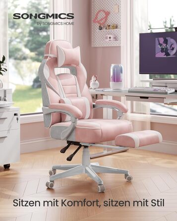 Ігрове крісло SONGMICS, офісне крісло з підставкою для ніг, робоче крісло з підголівником та поперековою подушкою, регульована висота, ергономічне, вантажопідйомність до 150 кг, пастельно-рожевий OBG073P01 пастельно-рожевий кремово-білий