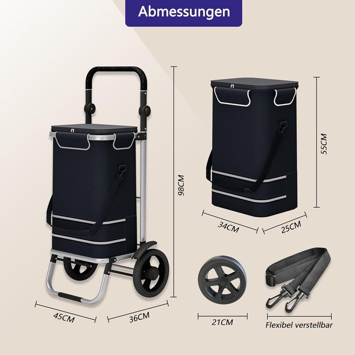 Великий візок для покупок 64л, складаний візок-сумка на колесах, вантажопідйомність до 60кг, візок з термовідсіком, візок з відбивачем, ручний візок з чіпом для покупок, Чорний