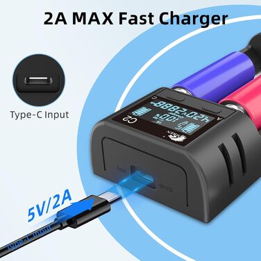 Зарядний пристрій IMREN 18650, інтелектуальний зарядний пристрій з РК-дисплеєм 26650 21700, швидкий зарядний пристрій 2A для акумуляторів 18650 3.7V Li-ION 18650 21700 20700 1.2V Ni-MH Ni-CD AA AAA C (з USB-C) C2