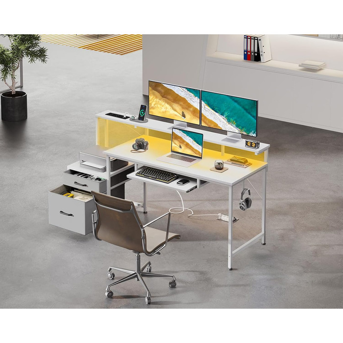 Ігровий стіл Coleshome зі світлодіодним освітленням, 140x48 см, стіл з тканинними шухлядами, комп&39ютерний стіл з 2 розетками та 2 USB-портами, ігровий стіл з підставкою для монітора для домашнього офісу, білий 140x48 см