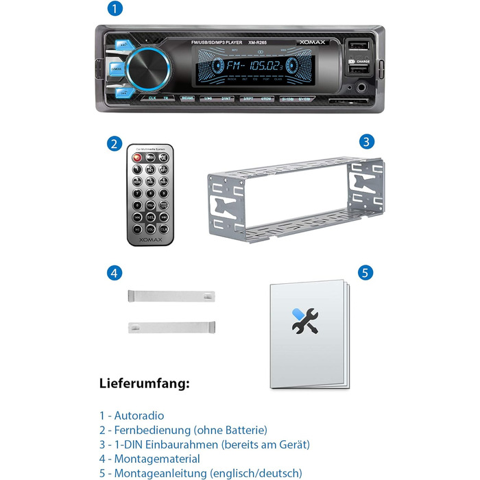 Автомагнітола XOMAX XM-R265 з системою гучного зв'язку Bluetooth I Функція заряджання смартфона через 2-й USB-порт I Carbon Optic I 7 світлодіодів з регулюванням кольорів I RDS I USB, SD, MP3, AUX I 1 DIN