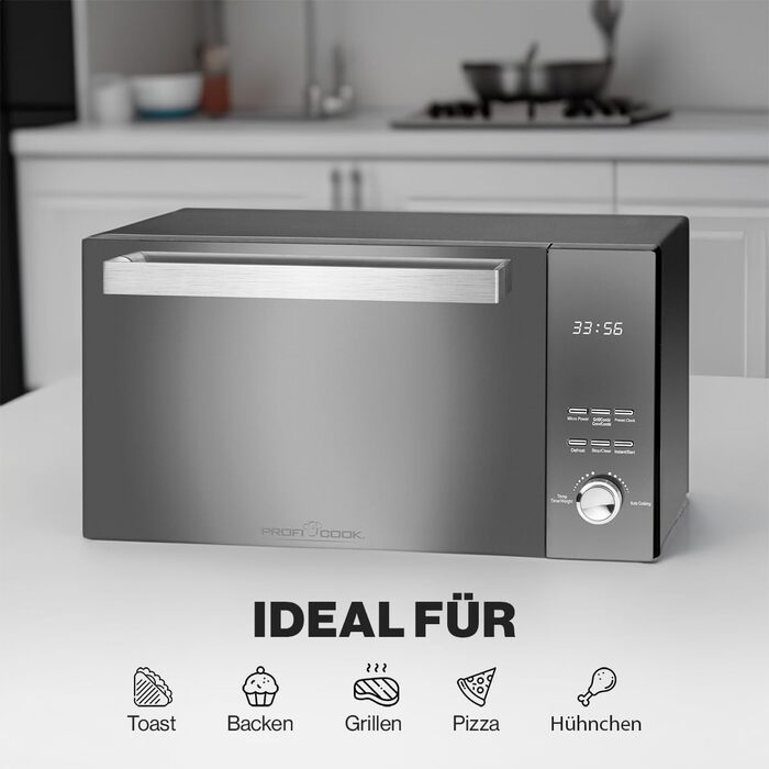 Мікрохвильова піч ProfiCook з грилем Мікрохвильова піч з великою варильною камерою на 23 літри Мікрохвильова піч без поворотного столу Мікрохвильова піч 1000 Вт Потужність гриля Двері дзеркала з вертикальним відкриванням PC-MWG 1204 чорний