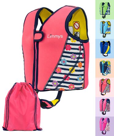 Дитячий рятувальний жилет Limmy&39s плавальний жилет з регульованою плавучістю, сертифікований CE, переможець тестів на Vergleich.de, мякий неопреновий комфорт, безпечна та міцна конструкція, з сумкою для перенесення, розмір S, рожева квітка