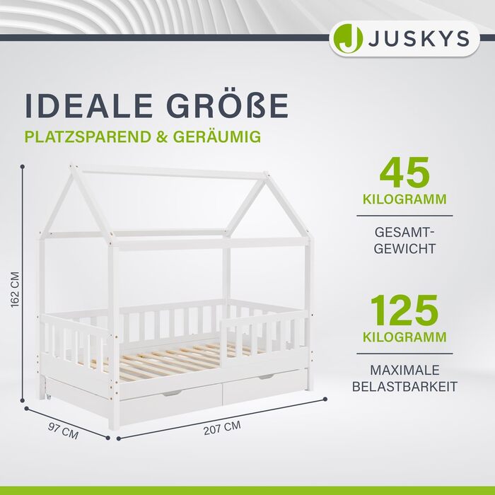 Дитяче ліжко Juskys Marli 90 x 200 см з матрацом, ящиком для ліжка, захисними поручнями, рейковою основою та дахом - Ліжко-будиночок з масиву дерева для дітей - Ліжко білого кольору