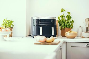 Подвійна фритюрниця SEVERIN з робочим простором 2 x 3.8 л, фритюрниця XXL для здорового приготування, 8 автоматичних програм, фритюрниця без жиру з функцією зневоднення, 2850 Вт, чорний/сріблястий, FR 2453 2 x 3.8 літровий кошик для приготування (паралель