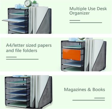 Рівневий настільний органайзер з 2 додатковими вертикальними папками для файлів, лоток для паперу, настільні лотки для паперу формату A4, тримач для журналів для домашнього офісу, чорний, 5 рівнів з 2 вертикальними папками, 5-