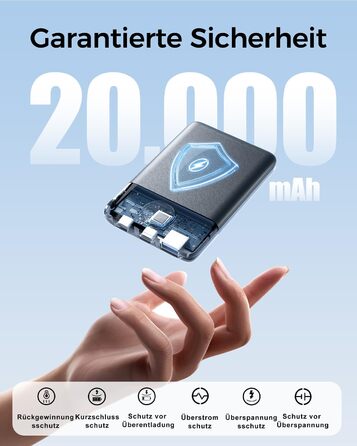 Зовнішній зарядний пристрій, міні-зовнішній зарядний пристрій 22,5 Вт 20000 мАг (вхід та вихід USB-C), зовнішній акумулятор для мобільних телефонів PD 3.0 QC 3.0 зі світлодіодним дисплеєм, сумісний з iPhone 16 15 14 13 чорний 20000 мАг