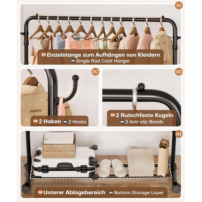 Багатофункціональна вішалка для одягу Yorbay з регульованою висотою на колесах міцна металева вішалка для одягу з полицею для багажу - компактна вішалка для одягу для спальні та пральні (117,5 см) чорного кольору 117,5 см