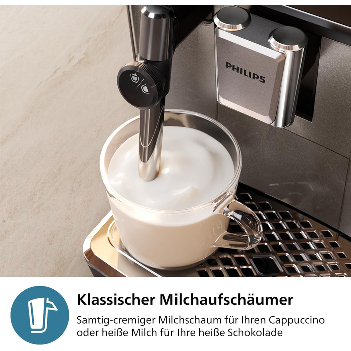 Кавомашина автоматична PHILIPS 3300 Series Panarello, чорна, 5 видів кавових напоїв, чорний/хром