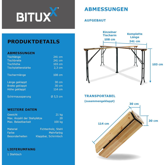 Комплект пивного намету BITUXX, комплект фестивального намету, пивний стіл, хрестовий стіл, стоячий стіл, Quattro, складаний, хрестоподібної форми, 241 см з підставкою для парасольки