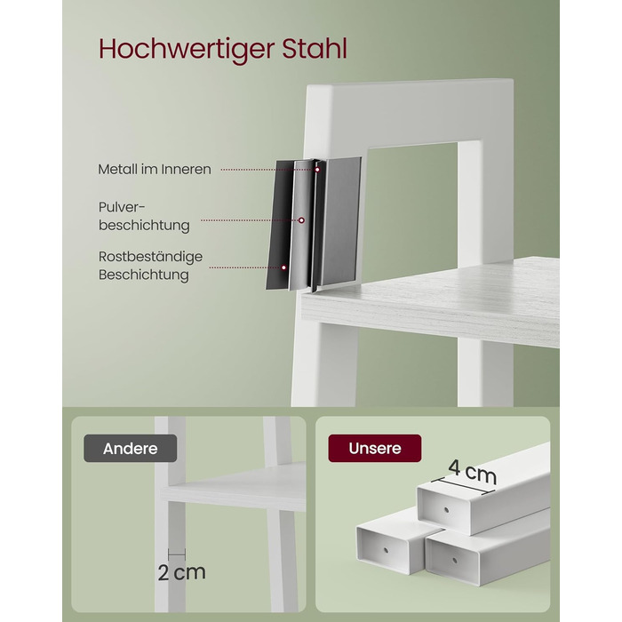 Полиця, 4-ярусна книжкова шафа, драбина, окремостояча полиця, для вітальні, спальні, кухні, домашнього офісу, сучасний дизайн, сталевий каркас, перлинно-білий кленовий білий LLS044W44 56 x 137,5 см білий