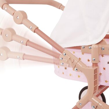 Коляска для ляльок-близнюків для ляльок 36 см - Коляска для ляльок зі складним дахом - рожева із золотими зірками - Аксесуари для