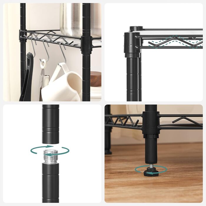 Рівнева кухонна полиця, металева полиця, окремостояча полиця, регульовані по висоті дротяні полиці, з полицями з поліпропілену, 8 S-подібних гачків, для кухні, вітальні, вантажопідйомність до 120 кг, чорна LGR116B01 6 рівнів (29 x 40 x 160 см) чорна, 6-