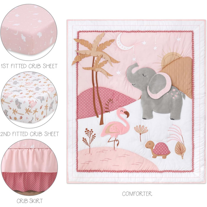 Комплект постільної білизни в дитяче ліжечко Peanutshell Safari для дівчаток, 4 предмети, органічна бавовна, слон джунглів, дитяча
