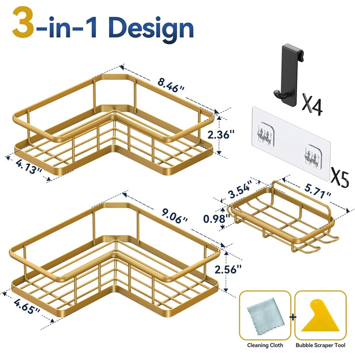 Кутова душова полиця YASONIC, 3 шт. , кутовий органайзер для душу з мильницею та 4 знімними гачками, кутові душові полиці з нержавіючої сталі, без свердління, душова полиця для внутрішнього душу, золото, 3 шт. , золото