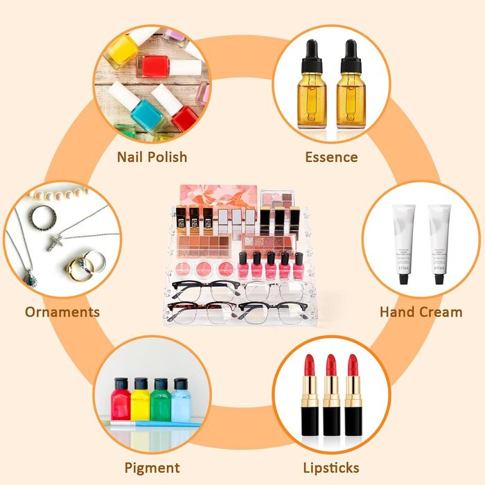 Рівневий акриловий органайзер для лаку для нігтів, підставка для зберігання лаку для нігтів, окулярів, чорнила для татуювання, ефірних олій, пляшечок з фарбою та іншого - прозорий настільний органайзер на 78-84 пляшечки, 6-