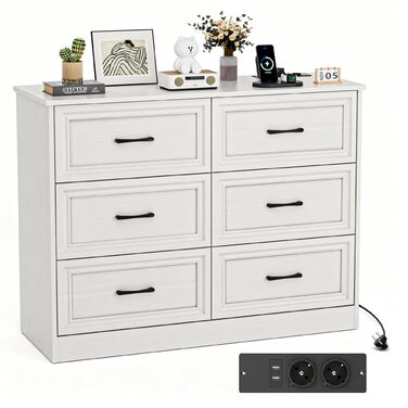 Комод з розетками, комод з 6 шухлядами, 2 USB та 2 розетки змінного струму, дерев&39яний комод, для спальні, вітальні, коридору, 106 x 81,5 x 39 см, білий