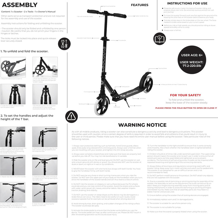 Самокат Lascoota для дітей від 8 років - самокат для дорослих - складний та регульований по висоті - передня підвіска плечовий рем