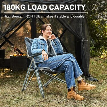 Складаний кемпінговий стілець EVER ADVANCED, м&39який 6 см, вантажопідйомність 180 кг, жорсткі підлокітники, портативний складний стілець для кемпінгу, саду, балкону, пікніка, використання в приміщенні, сірий