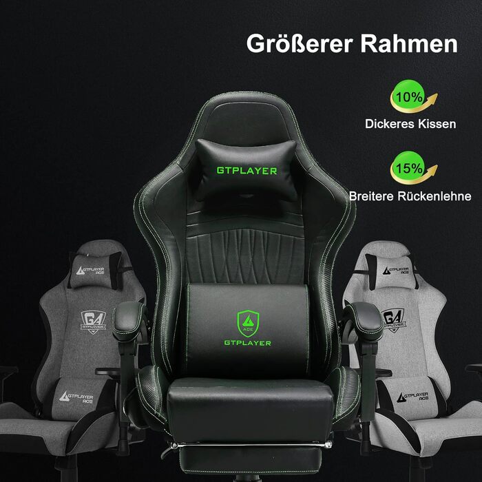 Ігрове крісло GTPLAYER, ергономічне ігрове крісло, стілець для роботи, гоночне крісло для ПК з підставкою для ніг, динаміки, музика, офісне крісло, витримує до 150 кг, зелений