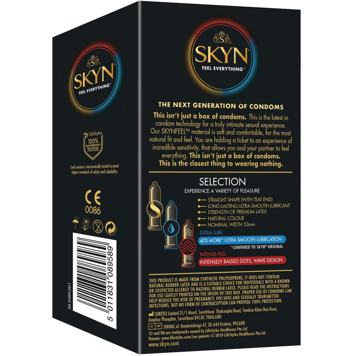 Презервативи SKYN Selection Variety Box Set (30 шт. ) і презервативи 5 Senses (5 шт. ) Різноманітний пакет з 10 оригінальними, 10 презервативами Intense Feel та 10 додатковим мастилом, Emotional Skynfeel