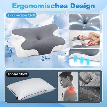 Подушка для шиї - Ортопедична подушка з піни з ефектом пам&39яті - Ергономічна подушка для полегшення болю в шиї для сну на боці, спині та животі з чохлом з крижаного шовку (темно-сіра)