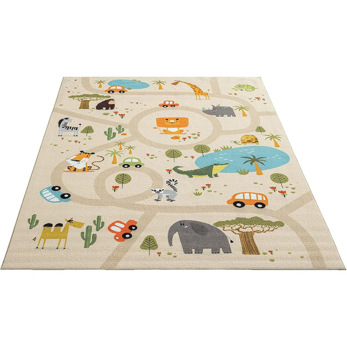 Килим Happy Life дитяча кімната, дитячий килим, ігровий килим, вуличний килим, вулиця, джунглі, тварини, машина, бежевий, 80 х 150