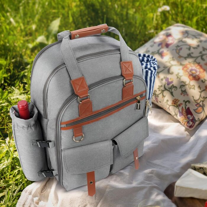 Рюкзак для пікніка на 4 особи з відділенням-холодильником та підставкою для вина, флісовою ковдрою, набором столових приборів, для кемпінгу, пляжу, одноденних поїздок, походів, аксесуарами (світло-сірий)