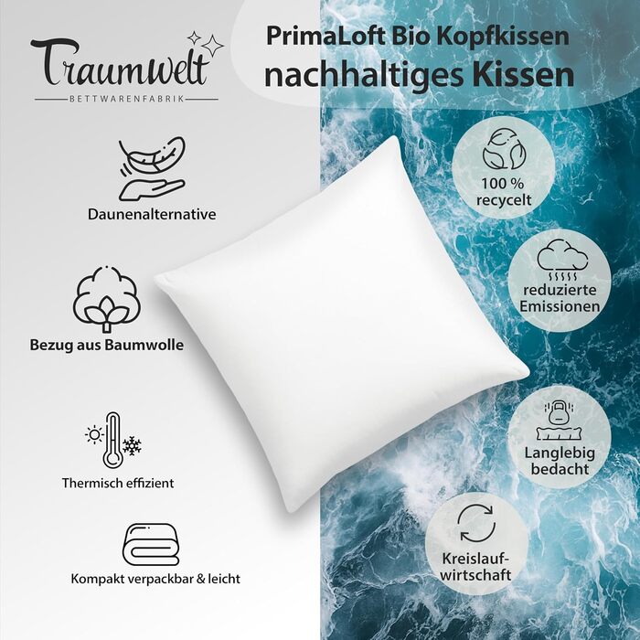 Подушка, виготовлена в Німеччині, 80x80 см, з наповнювачем з органічного мікрофібри Primaloft, білого кольору, вага наповнювача 1500 г. Підходить для алергіків, сертифікована Oeko-Tex Standard 100, біорозкладна, кліматично нейтральна (2 шт.) 80 x 80 см 2