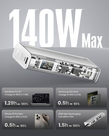 Прозора акумуляторна батарея з портами USB-C USB-A і розумним дисплеєм, ноутбук зовнішні акумулятори для мобільних телефонів для i