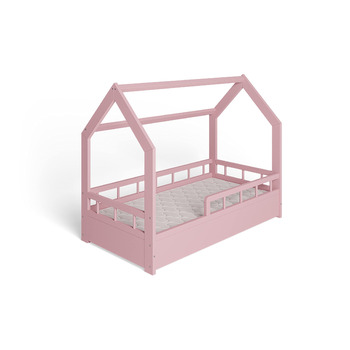 Дитяче ліжко ms factory house 70x140 см із захистом від падіння та рейковою основою - односпальне ліжко з соснової деревини для дівчаток та хлопчиків - Pink Pink Half Bed 70 x 140 см