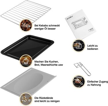 Міні Піч 28 л, Піч для піци 1600 Вт, 100-230 C, таймер 0-60 хв., 3 режими нагріву, в т.ч. деко, решітка гриль, піддон для крихт, решітка, міні-піч для випічки, смаження, розморожування, нагрівання, біла