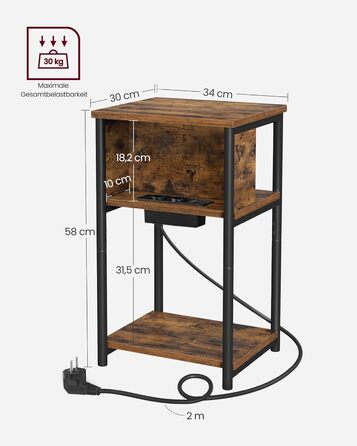 Приставний столик VASAGLE, тумбочка з розеткою, вузька, 2 розетки змінного струму, 2 порти USB, 30 x 34 x 58 см, для вітальні, спальні, вінтажний коричнево-чорний LET375B01 Рустикальний коричневий чорний