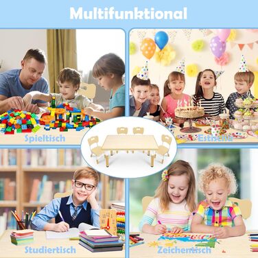 Дитячий стіл UISEBRT з 4 стільцями, Дитячий комплект сидіння з регульованою висотою для дітей від 2 років, Пластиковий комплект столів, Дитячі меблі для дитячого садка та дитячої кімнати (Колір дерева, 120 x 60 x 60 см) 120 x 60 x 60 см Колір дерева