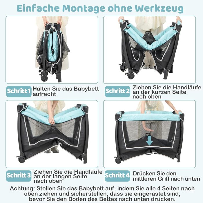 Дорожнє ліжечко з матрацом, дитяче ліжечко 6-в-1, дорожнє ліжечко з колискою, пеленальний столик, сумка для зберігання, музична скринька, підвісні іграшки, колеса, що блокуються, для дітей від 0 до 36 місяців (зелене)