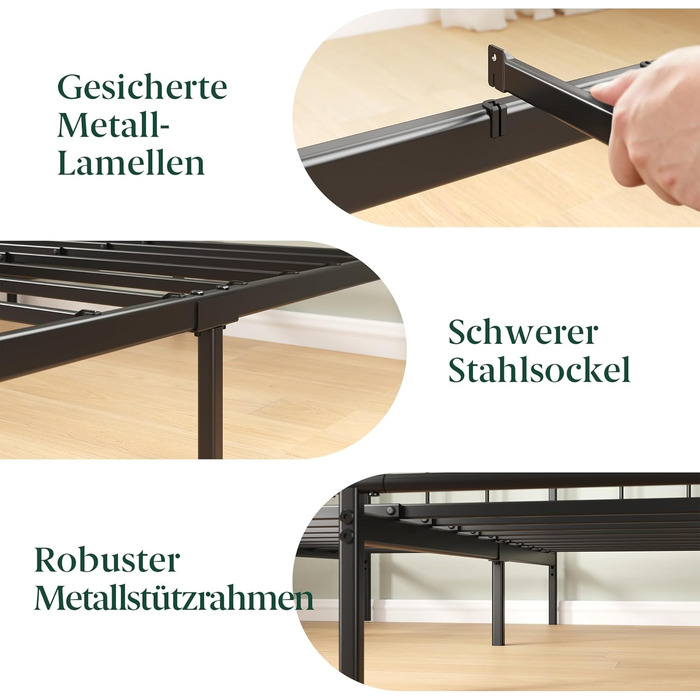 Ліжко Zinus Elias каркас 140x200 см з вінтажним узголів&39ям - Металеве ліжко 140x200 з металевою рейковою основою - Платформа заввишки 30 см з простором під нею - Пружинний матрац не потрібен - Чорний 200 x 140 см
