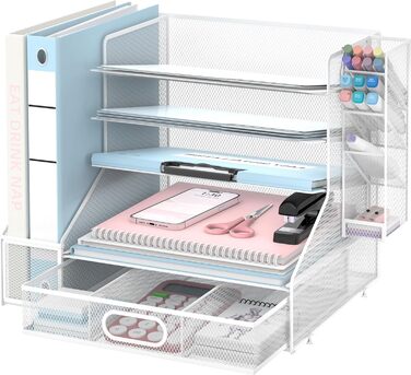 Органайзер для робочого столу з тримачами для файлів, 5-ярусний сітчастий лоток для паперу з тримачем для ручок та шухлядою для канцелярського приладдя, білий