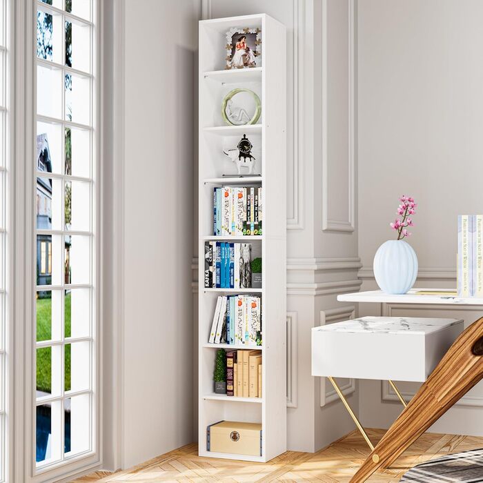 Біла книжкова полиця IRONCK, кубічна полиця з 8 полицями, вузька полиця для вітальні, офісу, спальні, кабінету, 23,6 x 30 x 180 см
