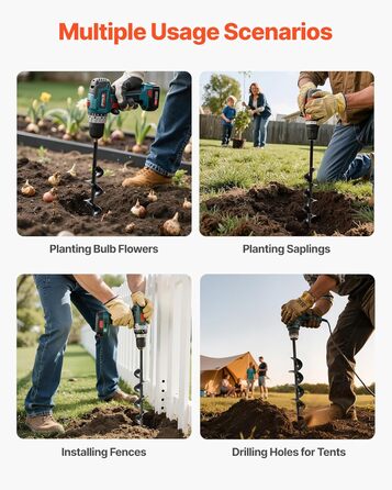 Бур для земляного буріння, діаметр 8x60 см, для стовпів, з шестигранним хвостовиком 3/8 дюйма, бур для копання ям, насадка для буріння отворів для встановлення садових стовпів та огорож