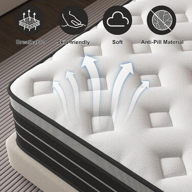 Матрац 90x200 см для пружинного ліжка, рівень жорсткості H3, підходить для дітей та дорослих, сертифікований Oeko-Tex, ергономічний 7-зонний матрац, висота 20 см, односпальний (90x200 см)