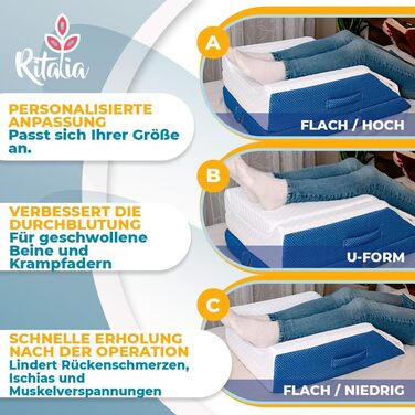 Подушка для підняття ніг Ritalia, з піни з ефектом пам&39яті, 64x43x24 см Регулювання висоти у 3 напрямках, дихаюча, чохол, який можна прати Полегшення підняття ніг, підтримка ніг, синій